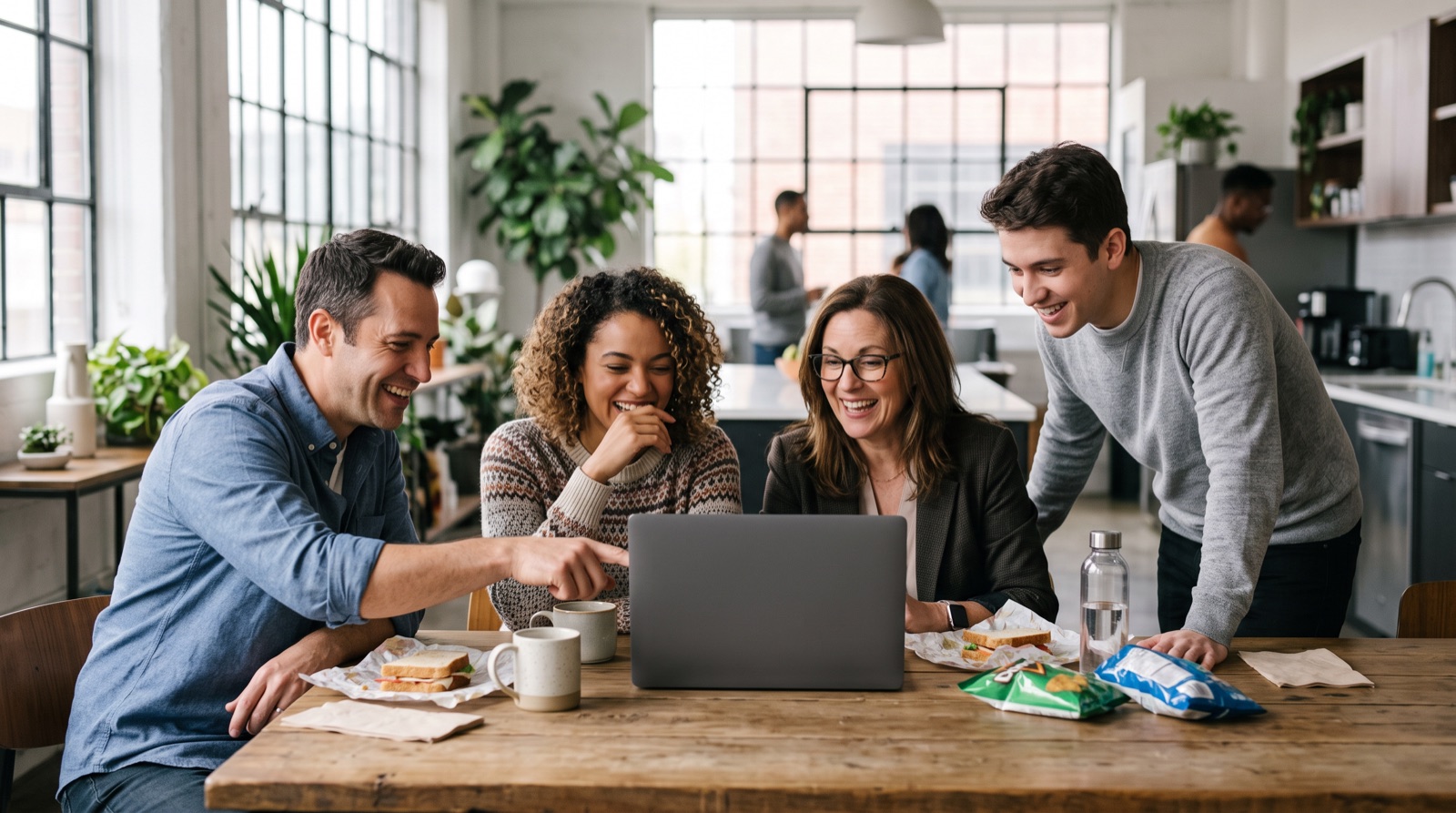 Four colleagues laughing around a laptop in an office kitchen during their lunch break