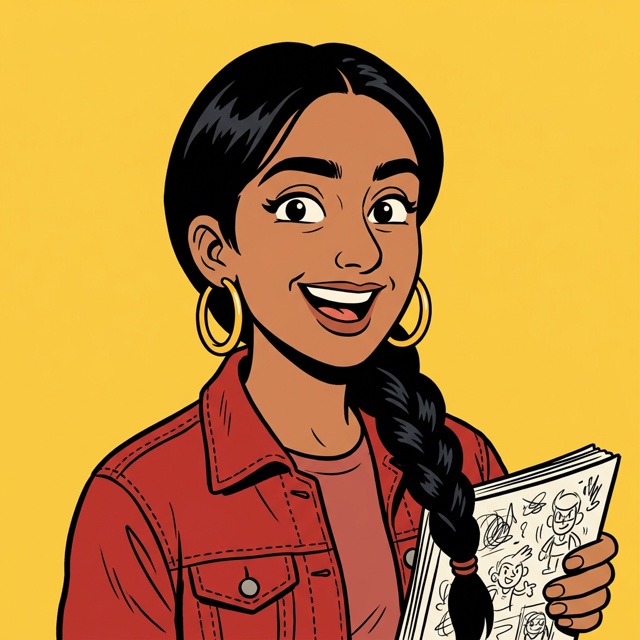 Priya Raman, Lead Game Designer, drawn as a comic portrait